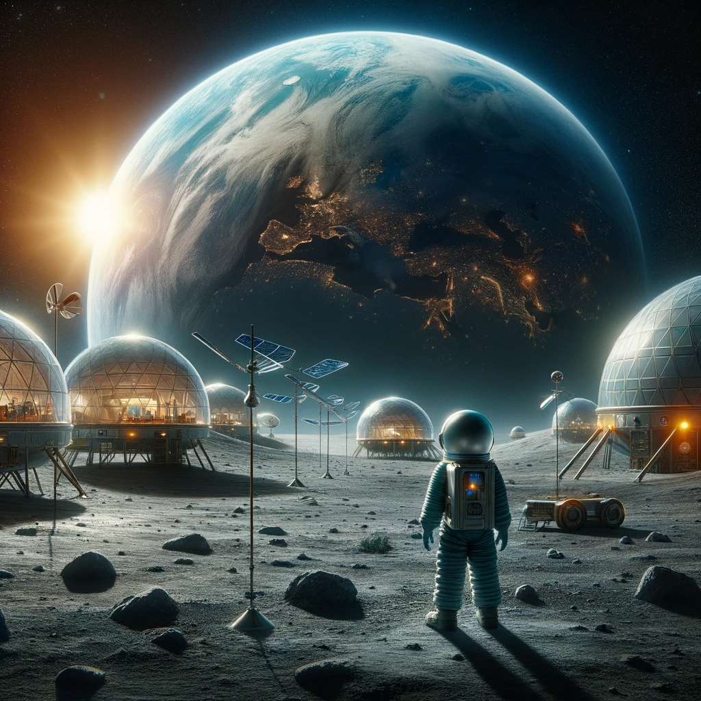 DALL·E 2024-03-17 16.21.49 - A captivating scene on the Moon, featuring a futuristic colony with domed habitats, solar panels, and vehicles designed for lunar exploration. In the .webp